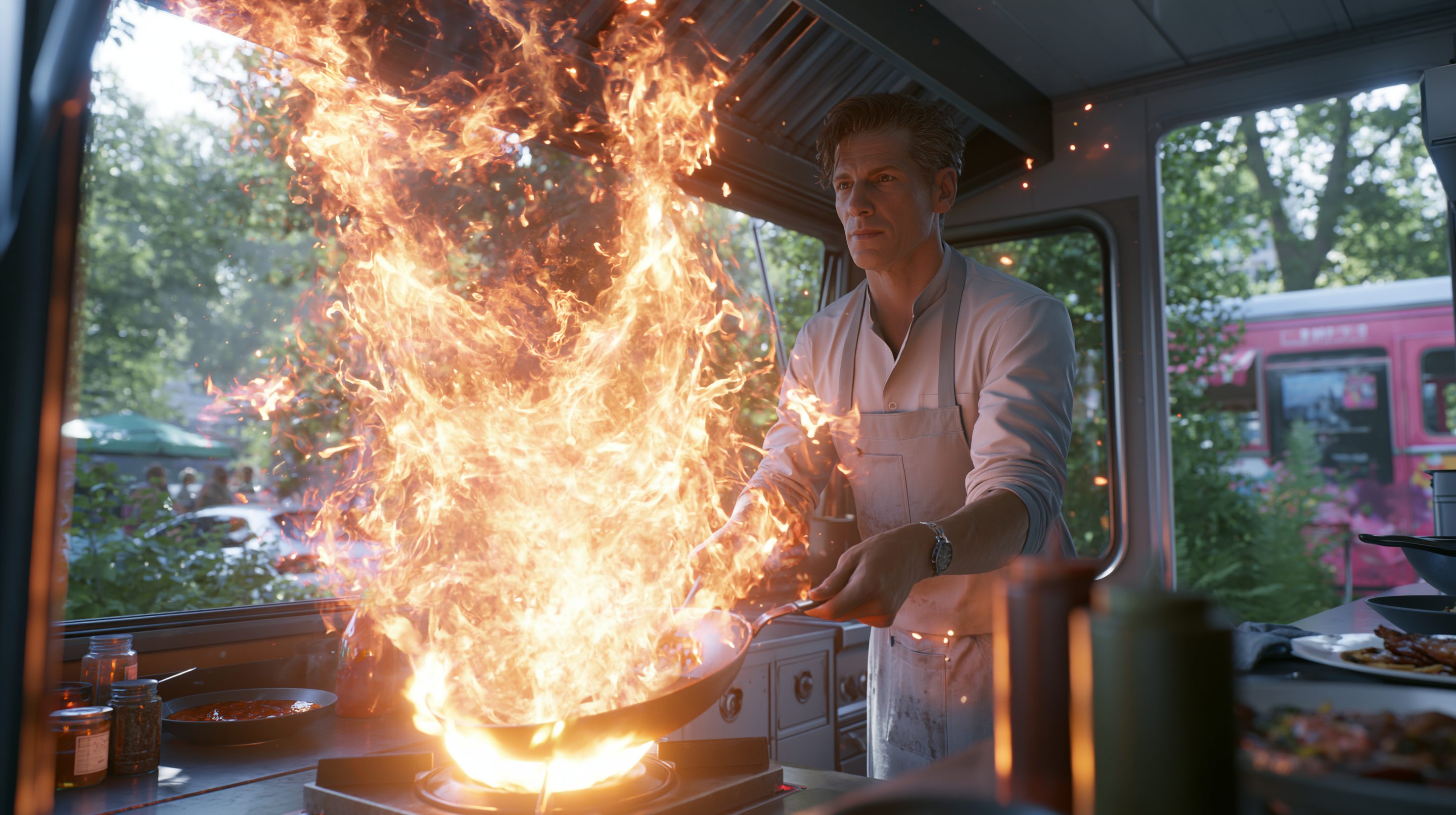 Independent chef cooking over a dramatic flame