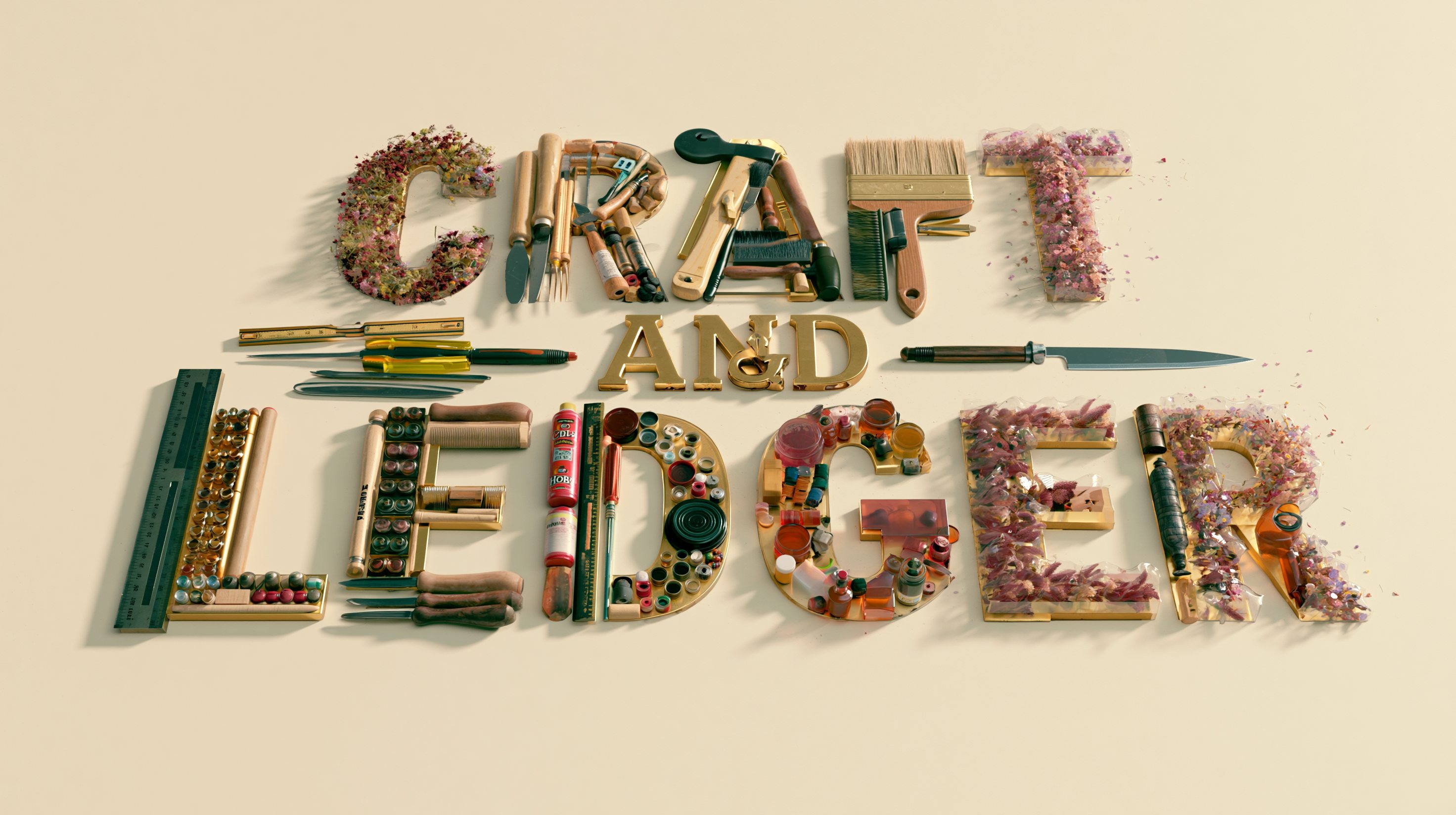 Craft and Ledger spelled with creative tools, brushes, flowers, and art supplies