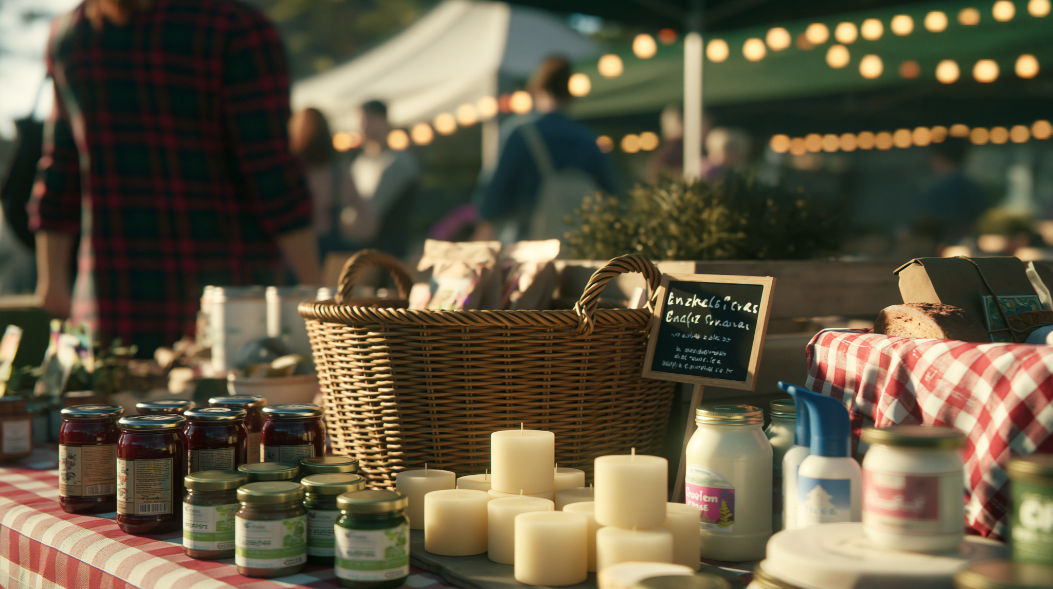 Candles and handmade goods displayed at a busy craft market